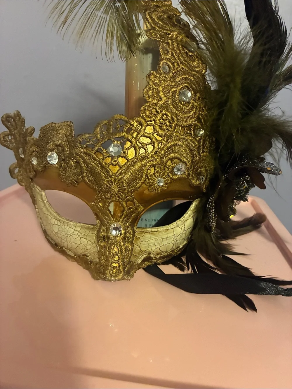 Gold Lace Masquerade Face Mask with Feather Accents